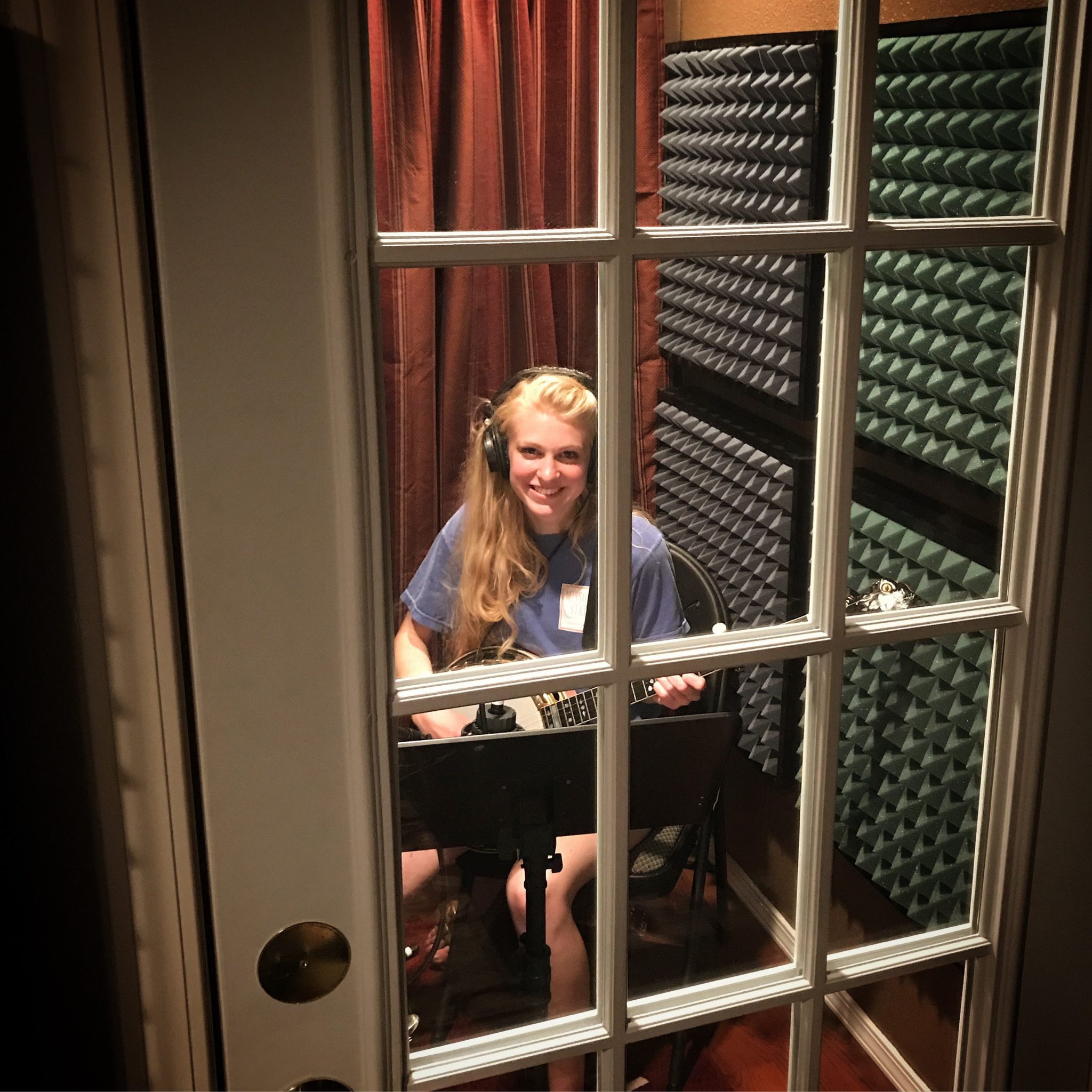 Ellen Petersen recording banjo for Shenandoah album