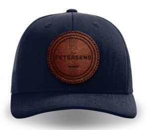 navy leather patch trucker cap